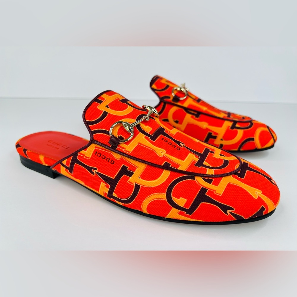 Gucci Princetown Horsebit Logo Orange Fabric Flat Loafer Mules Size EU 38.5